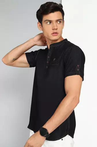 men's black cloud short denim kurta