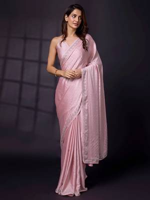 Swarovski Work Border Pink Satin Silk Saree for Women 1