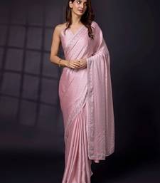 Swarovski Work Border Pink Satin Silk Saree for Women
