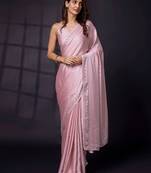 Trendmalls Swarovski Work Border Pink Satin Silk Saree for Women