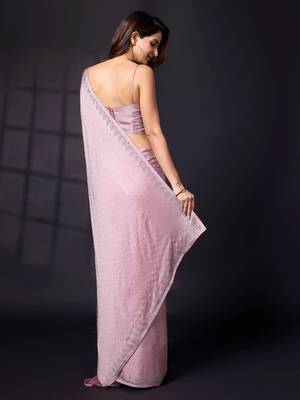 Swarovski Work Border Pink Satin Silk Saree for Women 2
