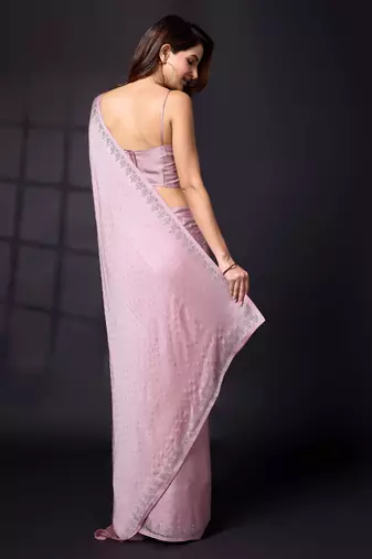 Trendmalls Swarovski Work Border Pink Satin Silk Saree for Women