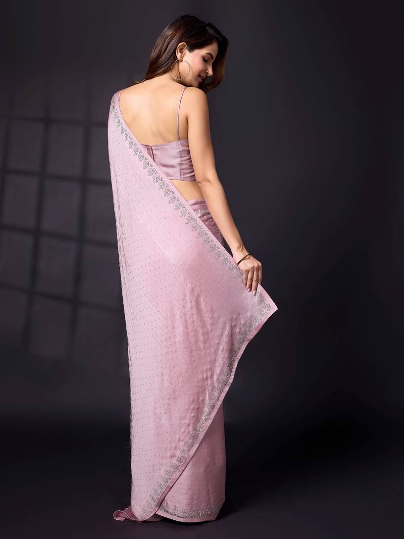 Swarovski Work Border Pink Satin Silk Saree for Women