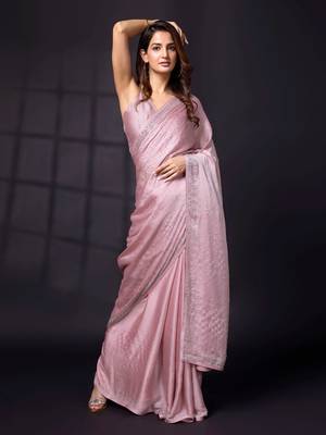 Swarovski Work Border Pink Satin Silk Saree for Women 3