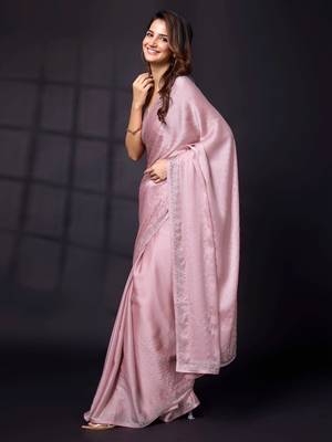 Swarovski Work Border Pink Satin Silk Saree for Women 4