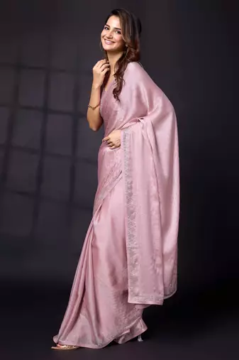 Trendmalls Swarovski Work Border Pink Satin Silk Saree for Women