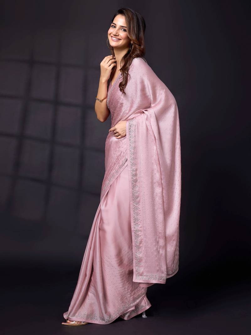 Swarovski Work Border Pink Satin Silk Saree for Women