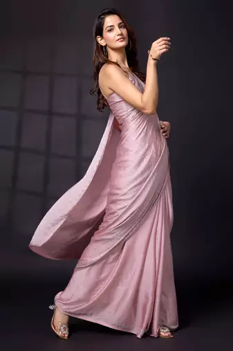 Trendmalls Swarovski Work Border Pink Satin Silk Saree for Women
