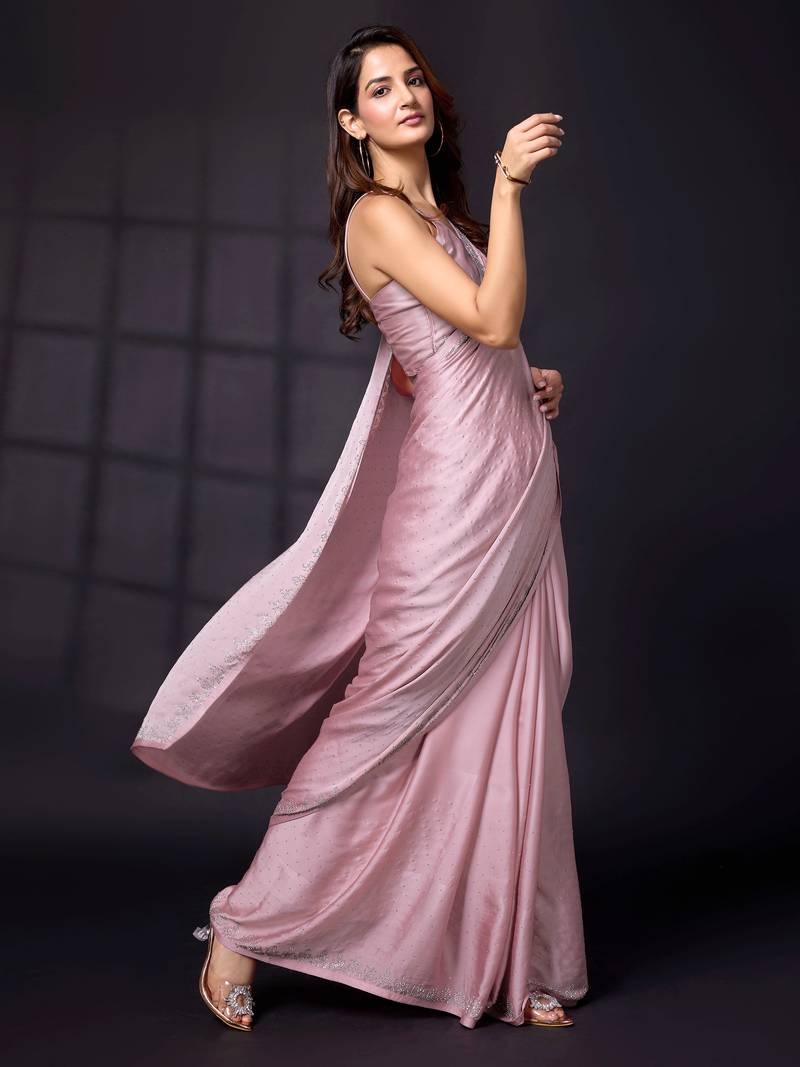 Swarovski Work Border Pink Satin Silk Saree for Women