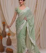 Trendmalls Chikankari Embroidery Work With Net Fabric Olive Green Designer Saree For Women