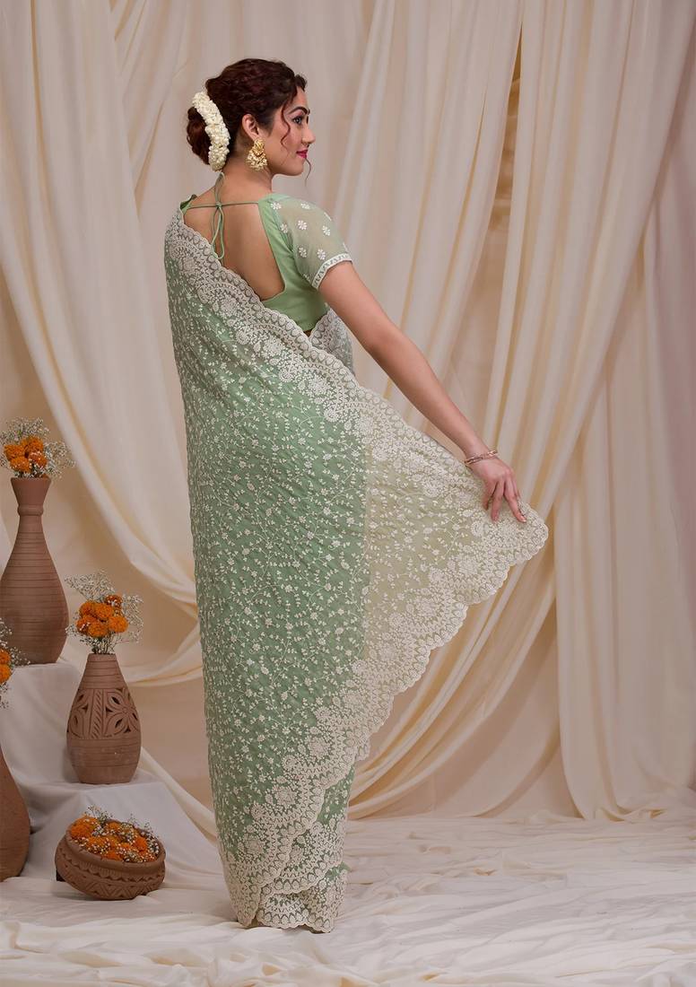 Trendmalls Chikankari Embroidery Work With Net Fabric Olive Green Designer Saree For Women