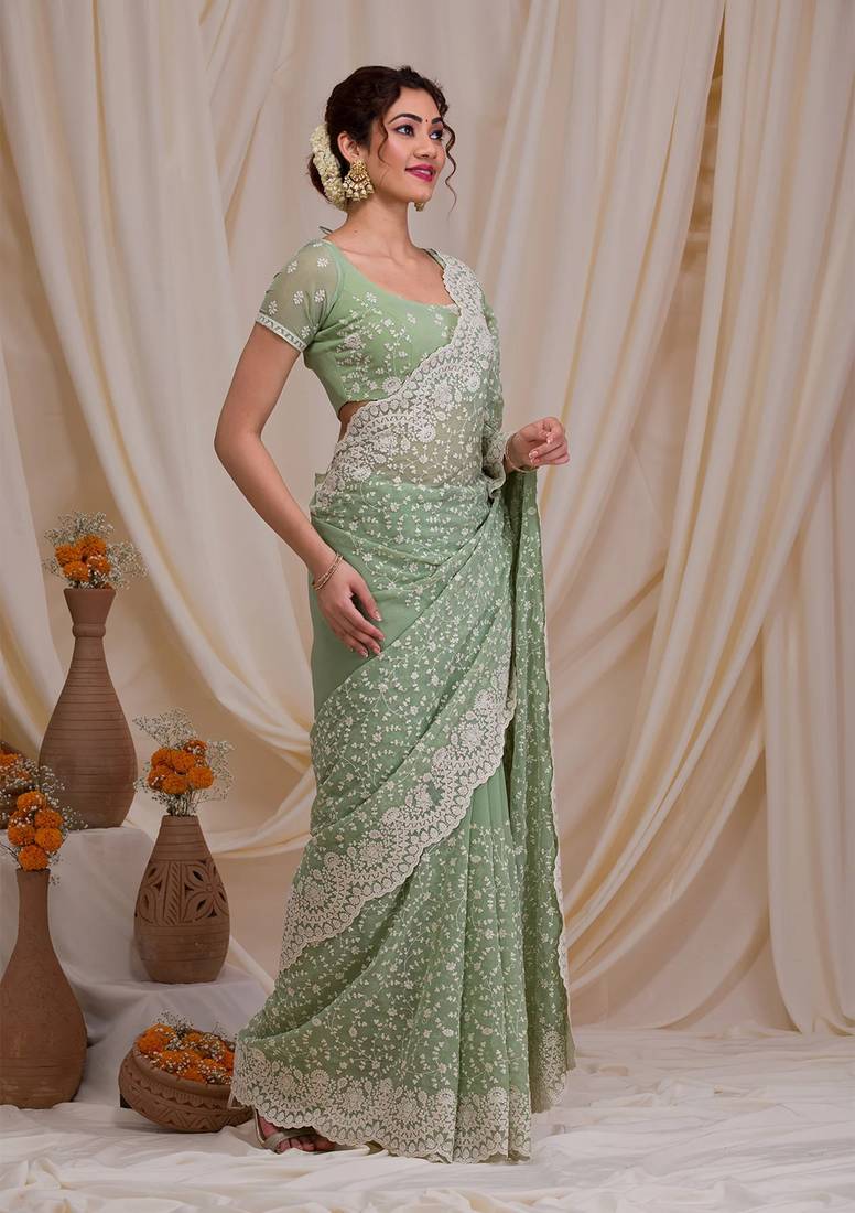 Trendmalls Chikankari Embroidery Work With Net Fabric Olive Green Designer Saree For Women