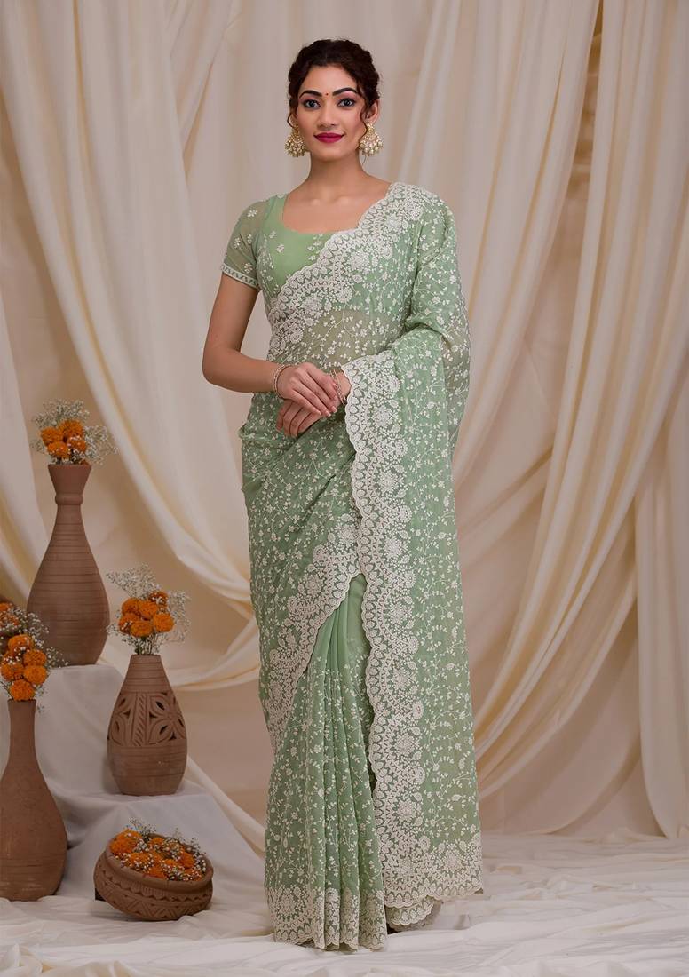 Trendmalls Chikankari Embroidery Work With Net Fabric Olive Green Designer Saree For Women