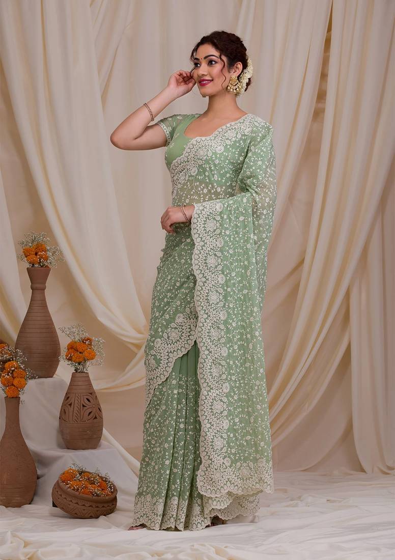 Trendmalls Chikankari Embroidery Work With Net Fabric Olive Green Designer Saree For Women