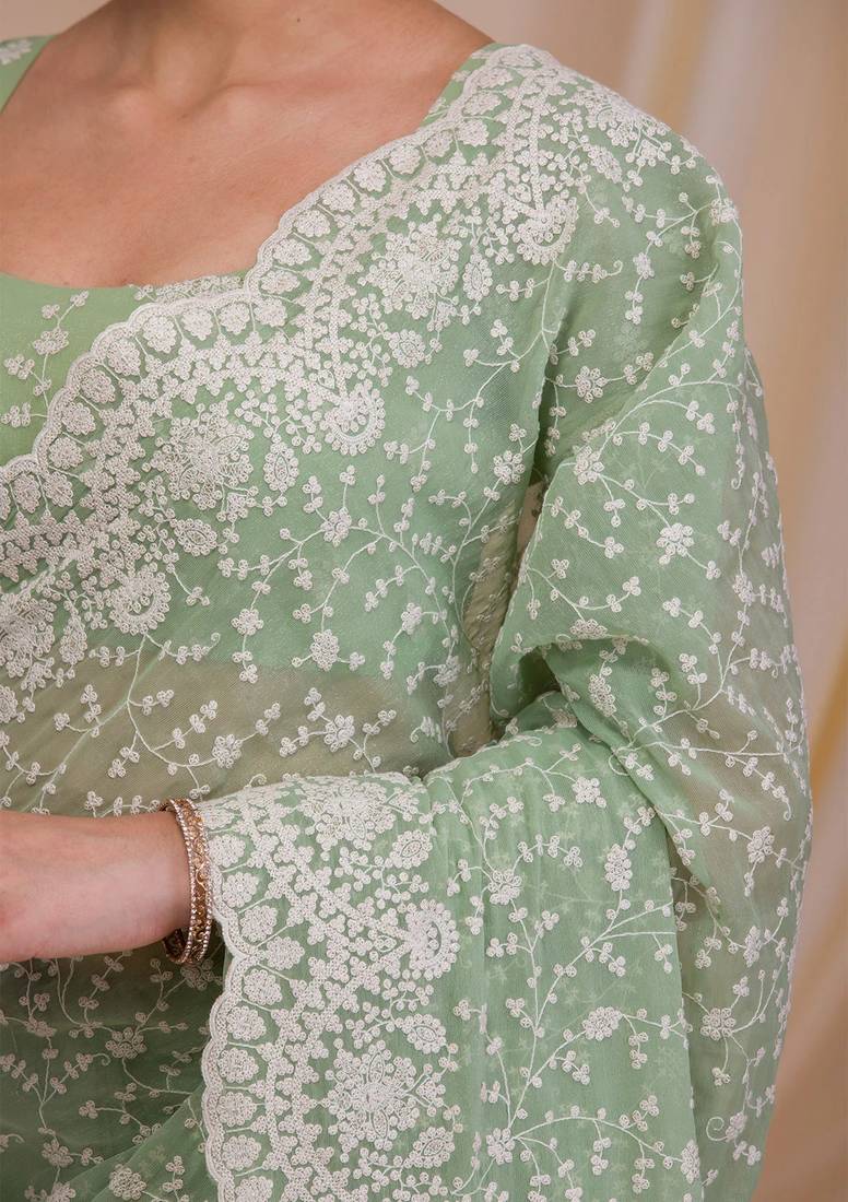 Trendmalls Chikankari Embroidery Work With Net Fabric Olive Green Designer Saree For Women