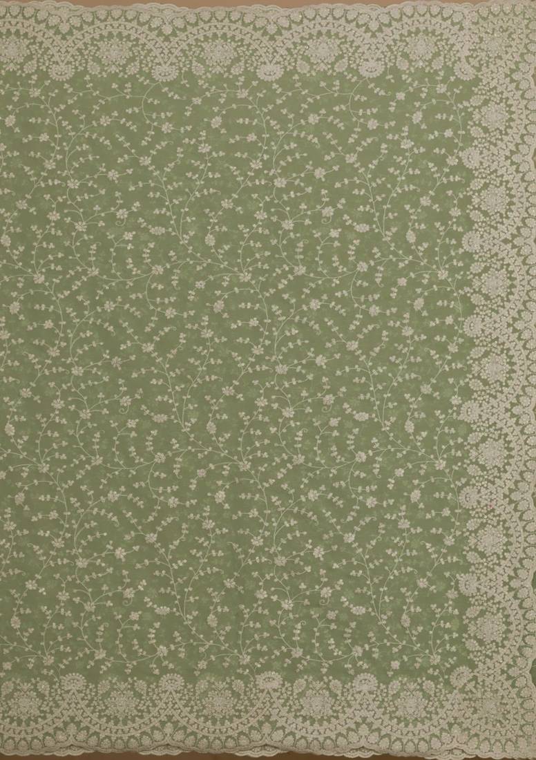 Trendmalls Chikankari Embroidery Work With Net Fabric Olive Green Designer Saree For Women