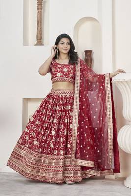 RED ZARI & SEQUINS EMBROIDERED DOLA JACQUARD DESIGNER WEDDING & PARTY WEAR FESTIVAL SEMI STITCHED LEHENGA 1