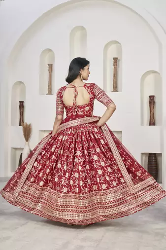 RED ZARI & SEQUINS EMBROIDERED DOLA JACQUARD DESIGNER WEDDING & PARTY WEAR FESTIVAL SEMI STITCHED LEHENGA