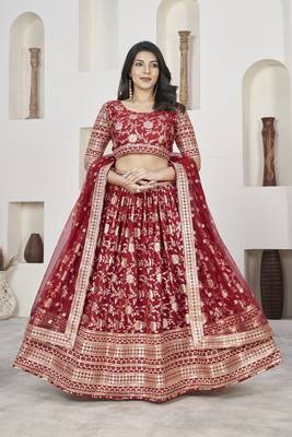 RED ZARI & SEQUINS EMBROIDERED DOLA JACQUARD DESIGNER WEDDING & PARTY WEAR FESTIVAL SEMI STITCHED LEHENGA 4