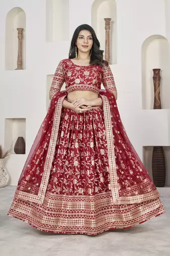 RED ZARI & SEQUINS EMBROIDERED DOLA JACQUARD DESIGNER WEDDING & PARTY WEAR FESTIVAL SEMI STITCHED LEHENGA