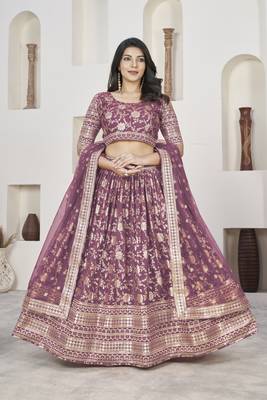 DARK LAVENDER ZARI & SEQUINS EMBROIDERED DOLA JACQUARD DESIGNER WEDDING & PARTY WEAR FESTIVAL SEMI STITCHED LEHENGA 1