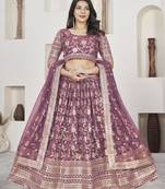 DARK LAVENDER ZARI & SEQUINS EMBROIDERED DOLA JACQUARD DESIGNER WEDDING & PARTY WEAR FESTIVAL SEMI STITCHED LEHENGA