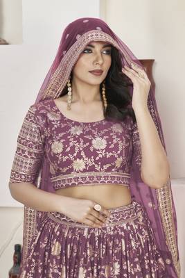 DARK LAVENDER ZARI & SEQUINS EMBROIDERED DOLA JACQUARD DESIGNER WEDDING & PARTY WEAR FESTIVAL SEMI STITCHED LEHENGA 2