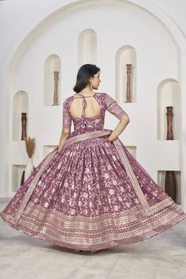 DARK LAVENDER ZARI & SEQUINS EMBROIDERED DOLA JACQUARD DESIGNER WEDDING & PARTY WEAR FESTIVAL SEMI STITCHED LEHENGA 3