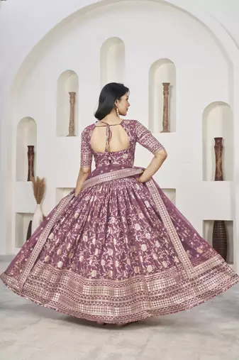 DARK LAVENDER ZARI & SEQUINS EMBROIDERED DOLA JACQUARD DESIGNER WEDDING & PARTY WEAR FESTIVAL SEMI STITCHED LEHENGA