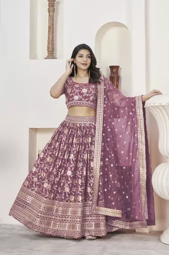 DARK LAVENDER ZARI & SEQUINS EMBROIDERED DOLA JACQUARD DESIGNER WEDDING & PARTY WEAR FESTIVAL SEMI STITCHED LEHENGA