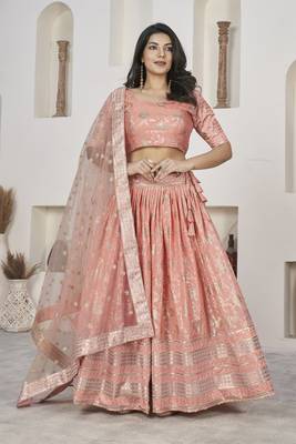PEACH ZARI & SEQUINS EMBROIDERED DOLA JACQUARD DESIGNER WEDDING & PARTY WEAR FESTIVAL SEMI STITCHED LEHENGA 1