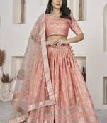 PEACH ZARI & SEQUINS EMBROIDERED DOLA JACQUARD DESIGNER WEDDING & PARTY WEAR FESTIVAL SEMI STITCHED LEHENGA