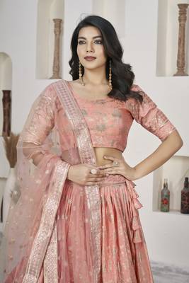 PEACH ZARI & SEQUINS EMBROIDERED DOLA JACQUARD DESIGNER WEDDING & PARTY WEAR FESTIVAL SEMI STITCHED LEHENGA 2