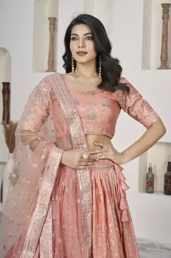 PEACH ZARI & SEQUINS EMBROIDERED DOLA JACQUARD DESIGNER WEDDING & PARTY WEAR FESTIVAL SEMI STITCHED LEHENGA