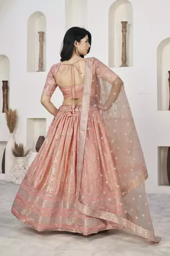 PEACH ZARI & SEQUINS EMBROIDERED DOLA JACQUARD DESIGNER WEDDING & PARTY WEAR FESTIVAL SEMI STITCHED LEHENGA