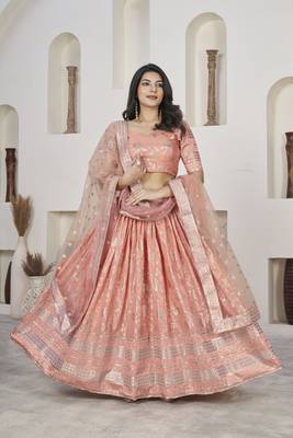 PEACH ZARI & SEQUINS EMBROIDERED DOLA JACQUARD DESIGNER WEDDING & PARTY WEAR FESTIVAL SEMI STITCHED LEHENGA 4