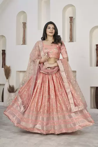 PEACH ZARI & SEQUINS EMBROIDERED DOLA JACQUARD DESIGNER WEDDING & PARTY WEAR FESTIVAL SEMI STITCHED LEHENGA