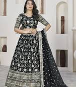 BLACK ZARI & SEQUINS EMBROIDERED DOLA JACQUARD DESIGNER WEDDING & PARTY WEAR FESTIVAL SEMI STITCHED LEHENGA