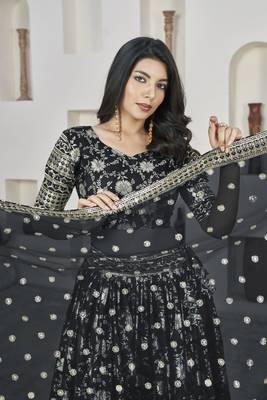 BLACK ZARI & SEQUINS EMBROIDERED DOLA JACQUARD DESIGNER WEDDING & PARTY WEAR FESTIVAL SEMI STITCHED LEHENGA 2