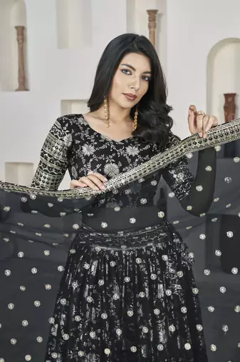 BLACK ZARI & SEQUINS EMBROIDERED DOLA JACQUARD DESIGNER WEDDING & PARTY WEAR FESTIVAL SEMI STITCHED LEHENGA