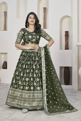 MEHENDI ZARI & SEQUINS EMBROIDERED DOLA JACQUARD DESIGNER WEDDING & PARTY WEAR FESTIVAL SEMI STITCHED LEHENGA 1