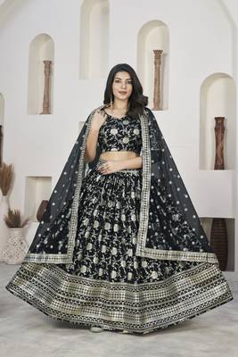 BLACK ZARI & SEQUINS EMBROIDERED DOLA JACQUARD DESIGNER WEDDING & PARTY WEAR FESTIVAL SEMI STITCHED LEHENGA 4