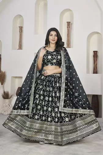 BLACK ZARI & SEQUINS EMBROIDERED DOLA JACQUARD DESIGNER WEDDING & PARTY WEAR FESTIVAL SEMI STITCHED LEHENGA
