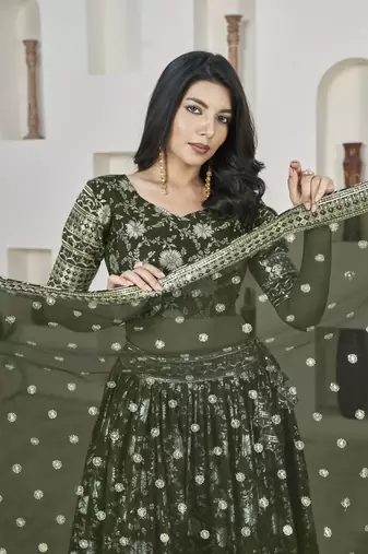 MEHENDI ZARI & SEQUINS EMBROIDERED DOLA JACQUARD DESIGNER WEDDING & PARTY WEAR FESTIVAL SEMI STITCHED LEHENGA