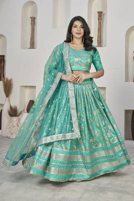 SEA GREEN ZARI & SEQUINS EMBROIDERED DOLA JACQUARD DESIGNER WEDDING & PARTY WEAR FESTIVAL SEMI STITCHED LEHENGA 1