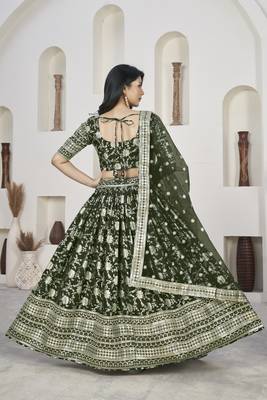 MEHENDI ZARI & SEQUINS EMBROIDERED DOLA JACQUARD DESIGNER WEDDING & PARTY WEAR FESTIVAL SEMI STITCHED LEHENGA 3