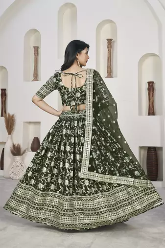 MEHENDI ZARI & SEQUINS EMBROIDERED DOLA JACQUARD DESIGNER WEDDING & PARTY WEAR FESTIVAL SEMI STITCHED LEHENGA