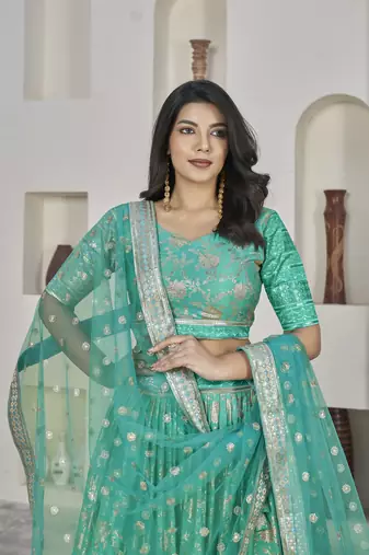 SEA GREEN ZARI & SEQUINS EMBROIDERED DOLA JACQUARD DESIGNER WEDDING & PARTY WEAR FESTIVAL SEMI STITCHED LEHENGA