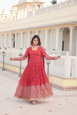 Women's rani pink faux georgette sequins embroidered anarkali dress with dupatta 1