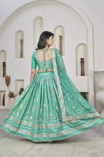 SEA GREEN ZARI & SEQUINS EMBROIDERED DOLA JACQUARD DESIGNER WEDDING & PARTY WEAR FESTIVAL SEMI STITCHED LEHENGA